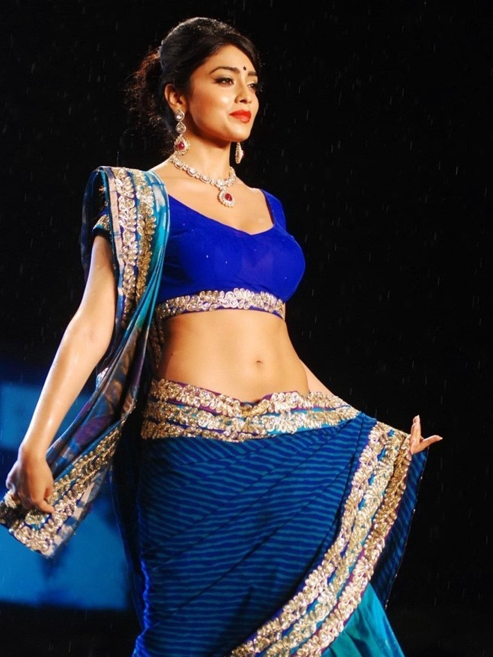 Shriya Saran too hot in blue saree showing her slim belly