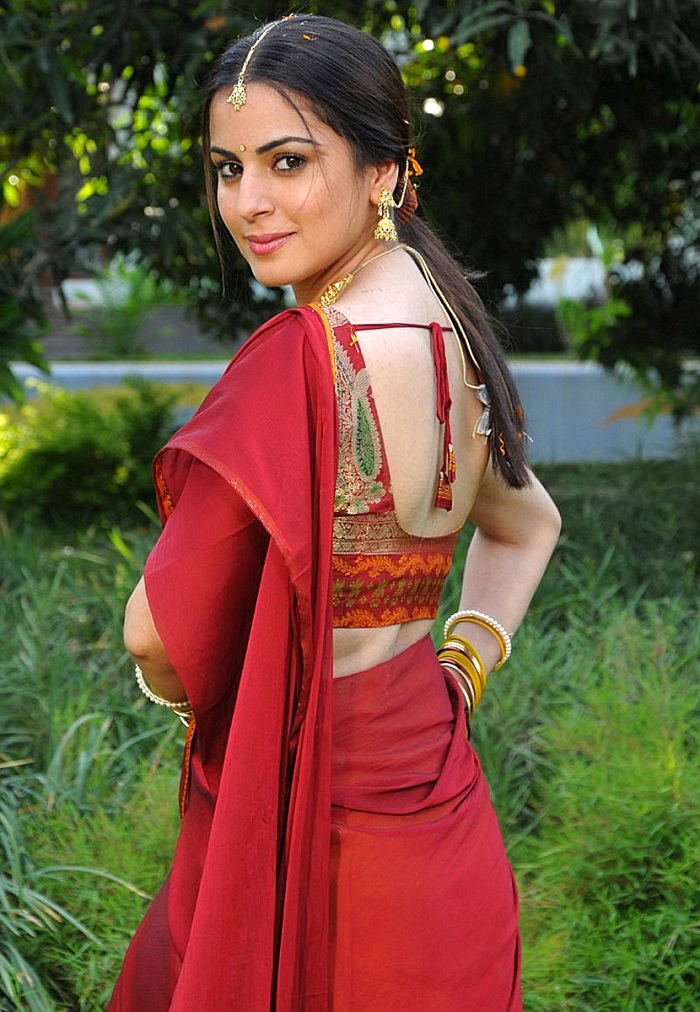 Shraddha Arya in red saree with backless blouse