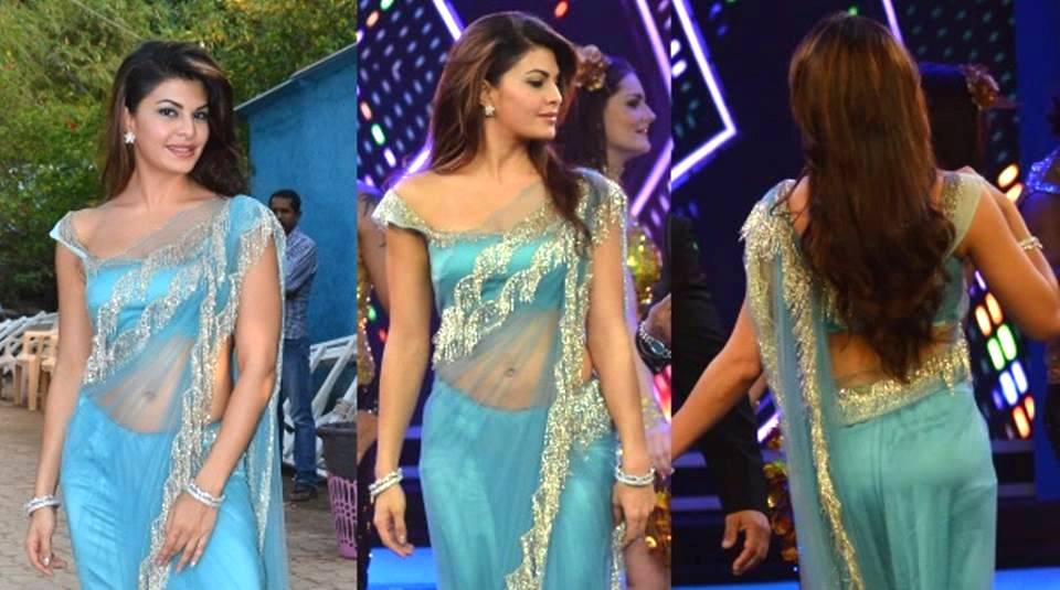 Jacqueline Fernandez At Bigg Boss 8 Set To Promote ROY Movie In Sexy Blue Saree