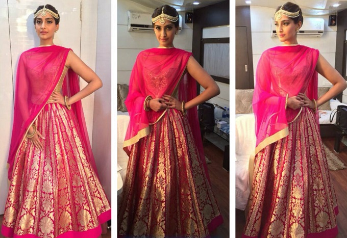 Sonam Kapoor in pink golden lehnga