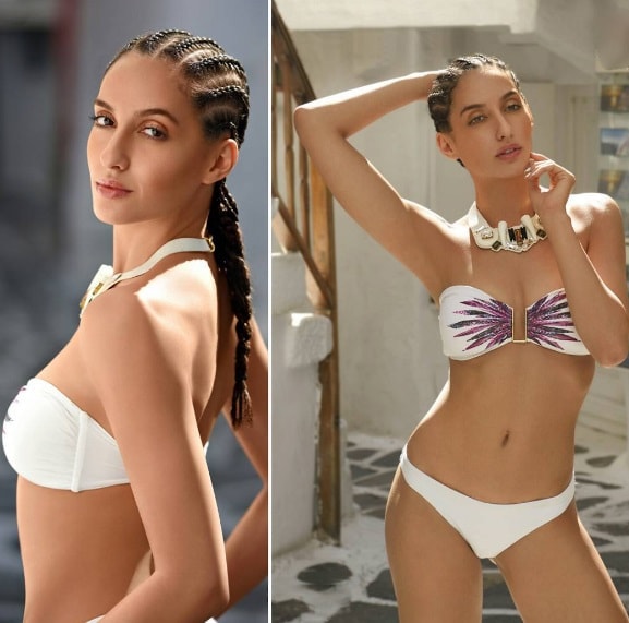 nora fatehi white bikini photo