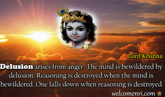 Delusion arises from anger. The mind is bewildered by delusion. Reasoning is destroyed when the mind is bewildered. One falls down when reasoning is destroyed.
