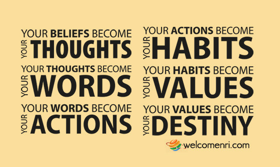 Your beliefs become your thoughts, Your thoughts become your words, Your words become your actions, Your actions become your habits, Your habits become your values, Your values become your destiny.