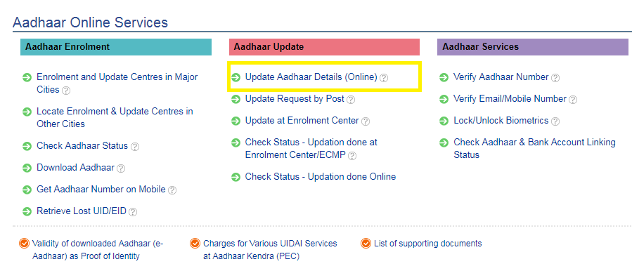 Update Aadhaar Details Online